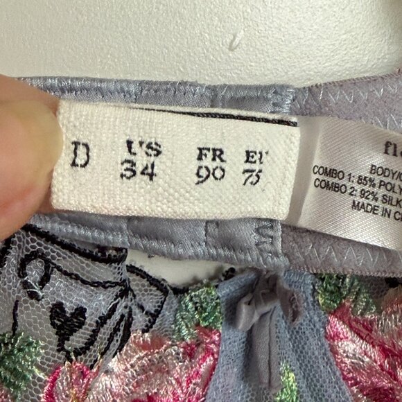 Fleur du Mal Embroidered Rose Mesh Balconette Bra  34D - Picture 3 of 5